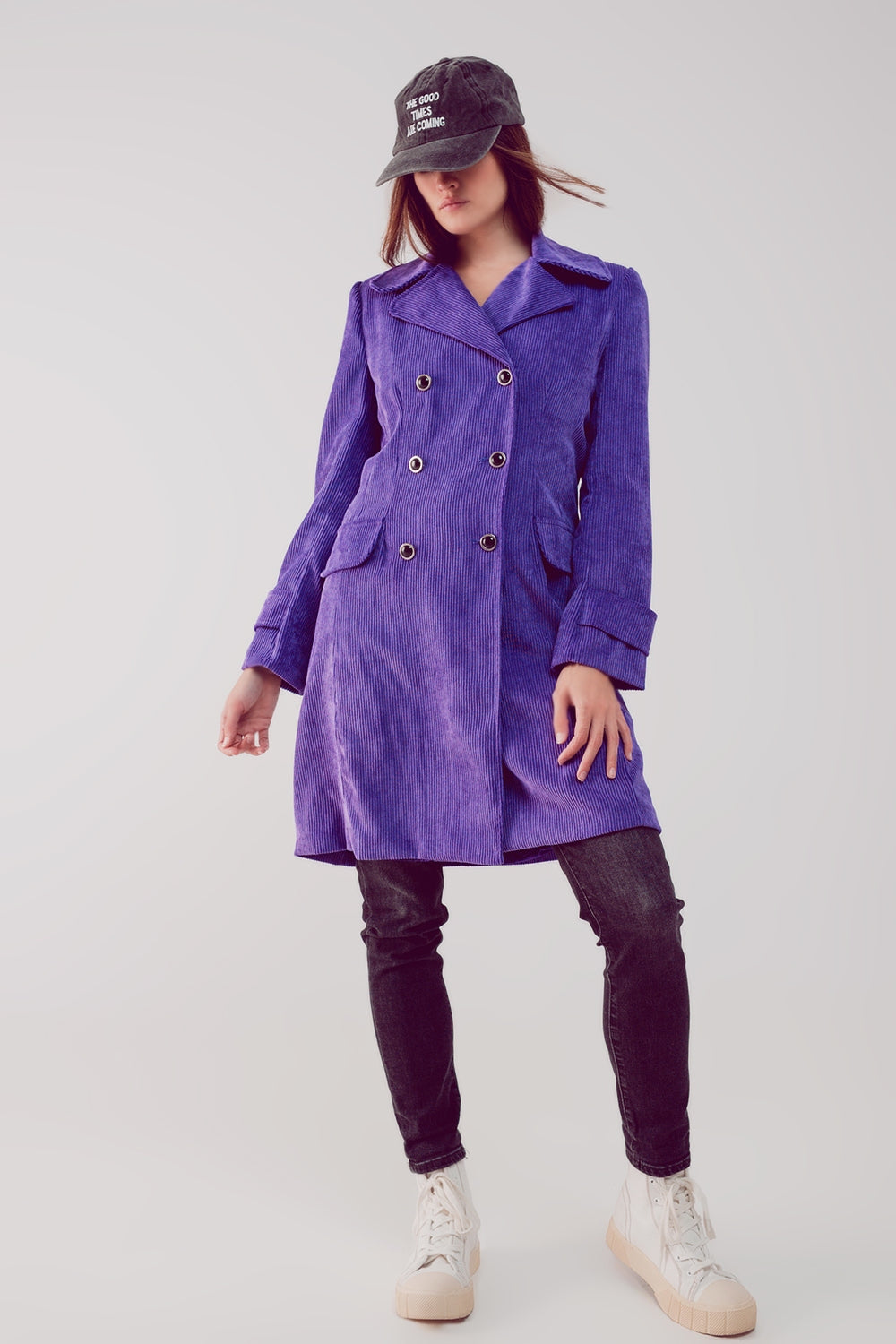 Blazer lungo con bottoni vintage in velluto viola