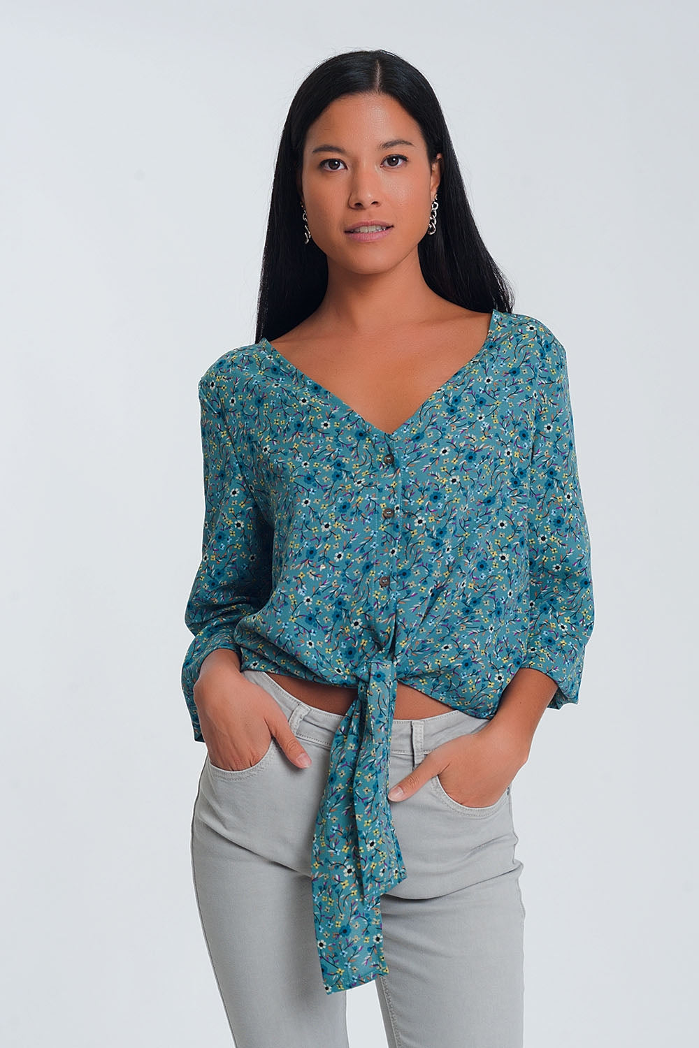 Q2 Blusa a maniche lunghe con scollo a V bottoni e stampa a fiori  verde