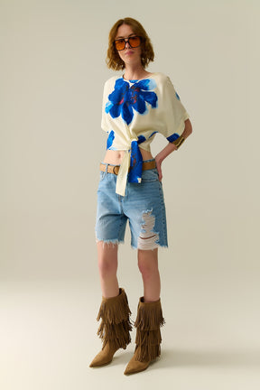 Blusa Bianca Corta con Stampa Floreale Tropicale in Blu