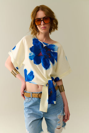 Blusa Bianca Corta con Stampa Floreale Tropicale in Blu