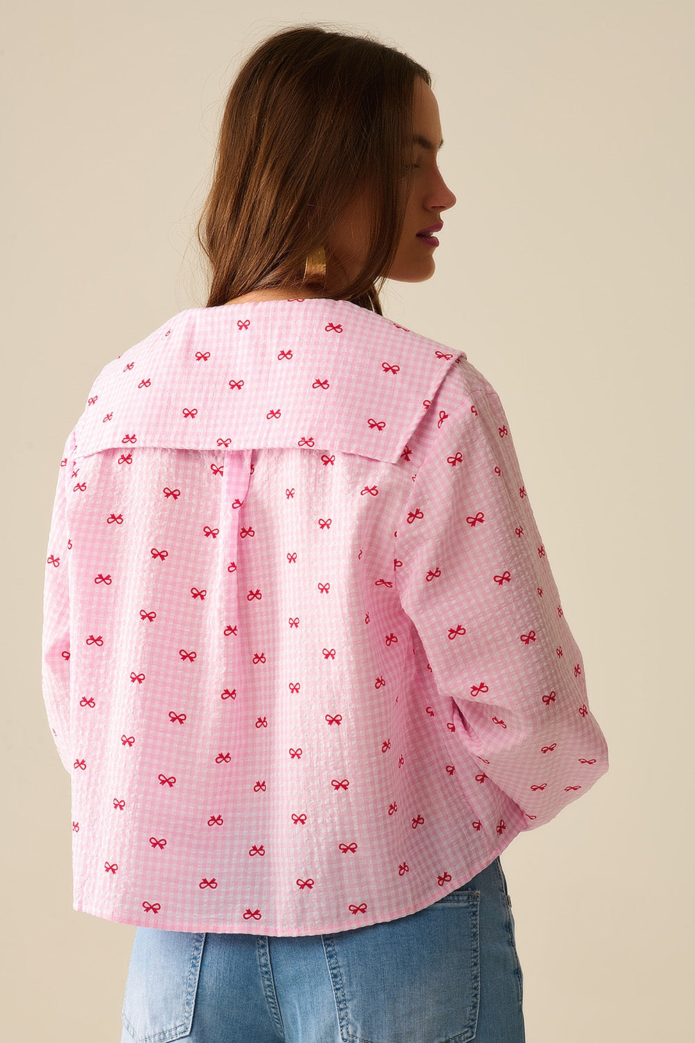 Blusa con Colletto Peter Pan Rosa con Stampa Fiocco
