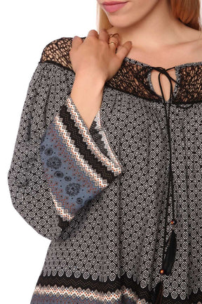 Blusa con stampa cachemire e bordi a reticolo grigio