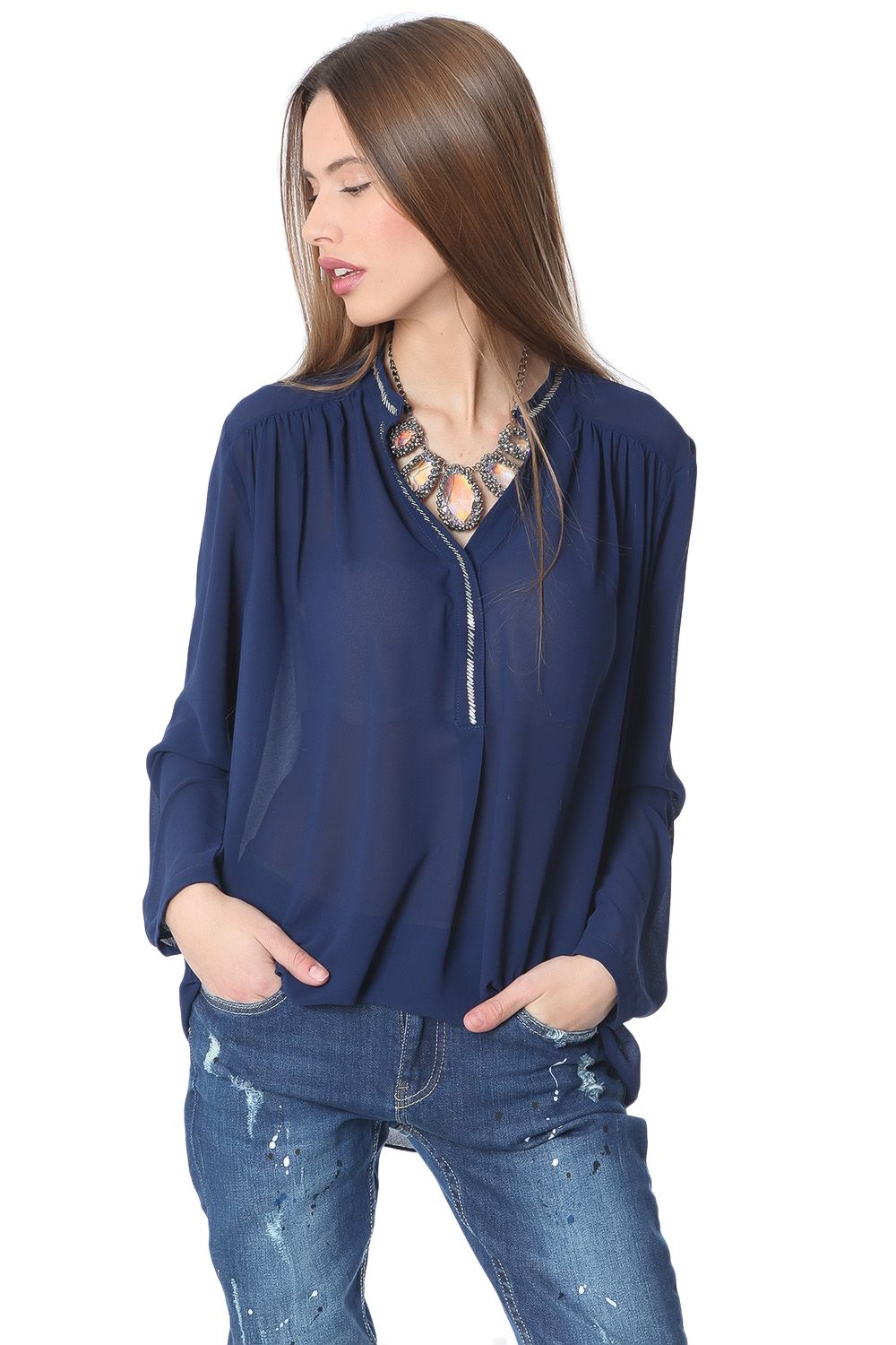 Q2 blusa di chiffon blu con dettaglio di perline