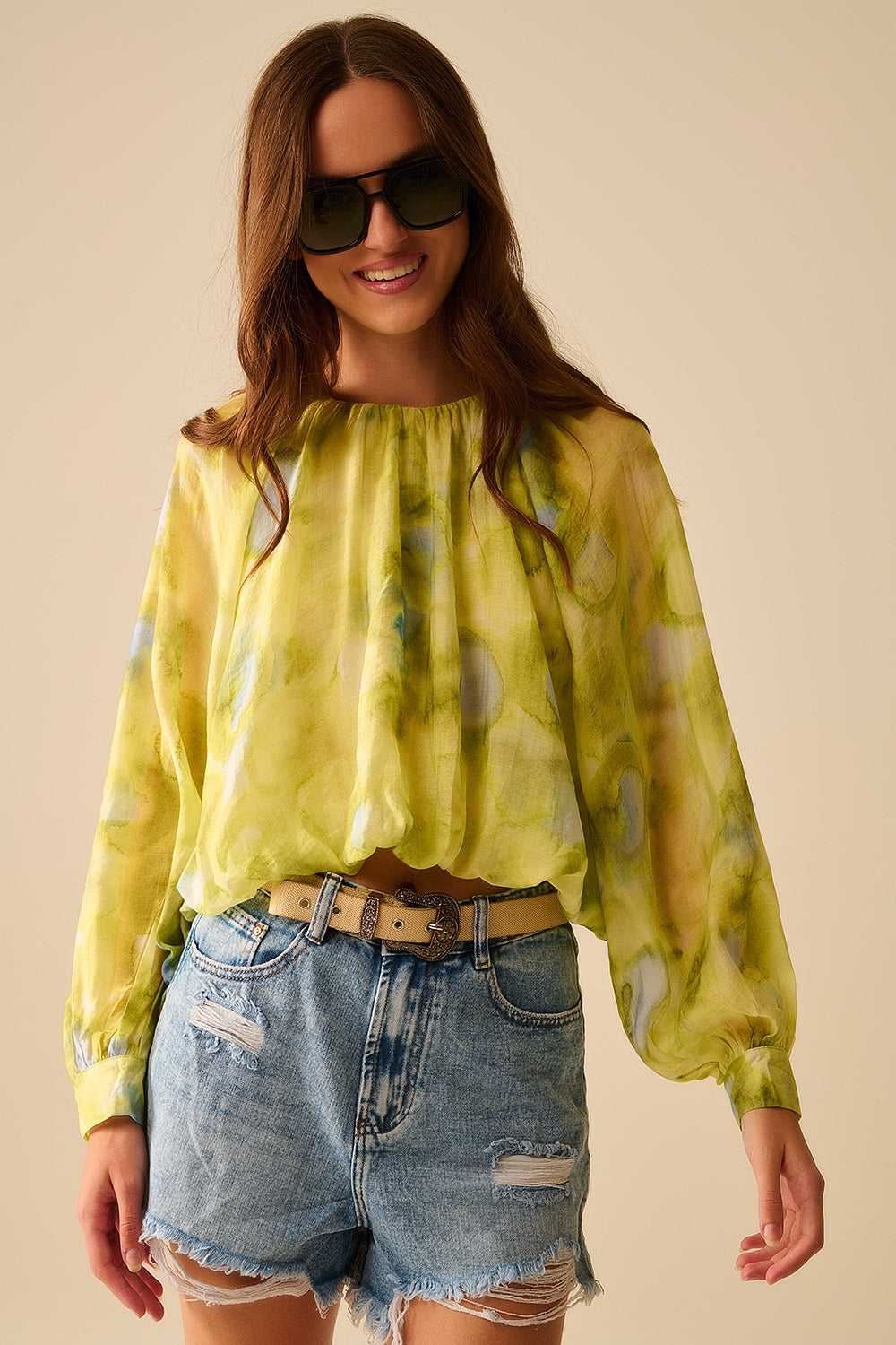 Q2 blusa di chiffon stampata verde con maniche a palloncino