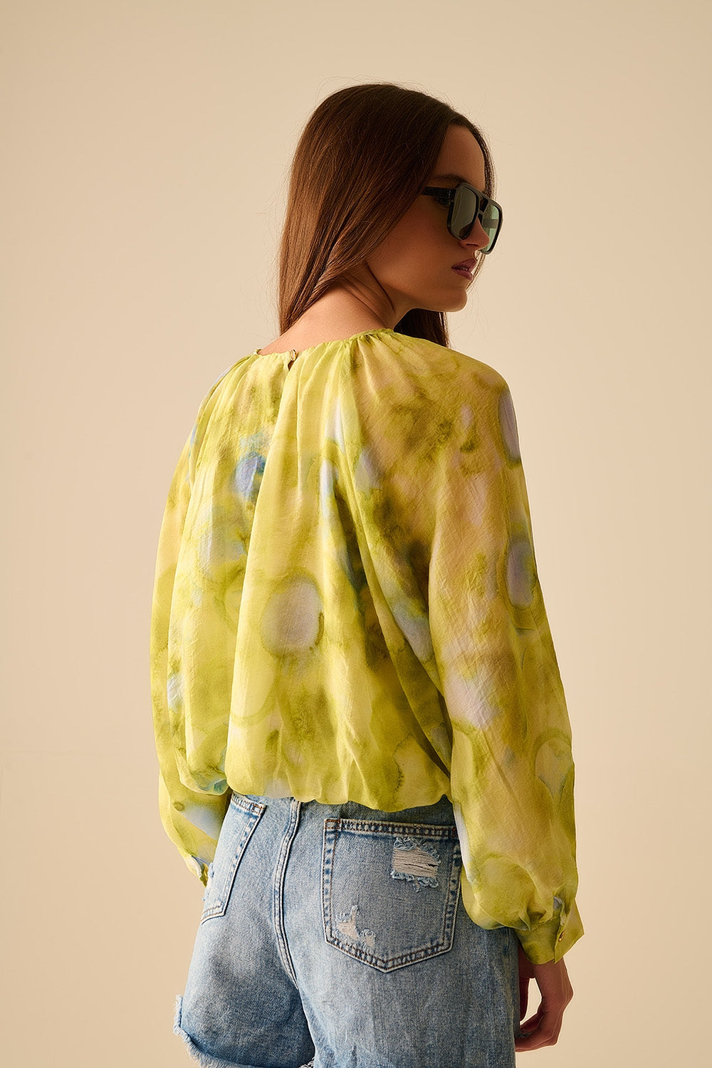 blusa di chiffon stampata verde con maniche a palloncino