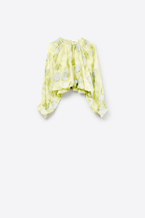 blusa di chiffon stampata verde con maniche a palloncino