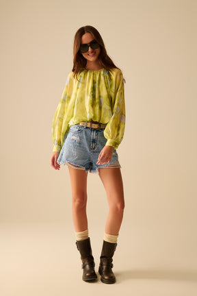 blusa di chiffon stampata verde con maniche a palloncino
