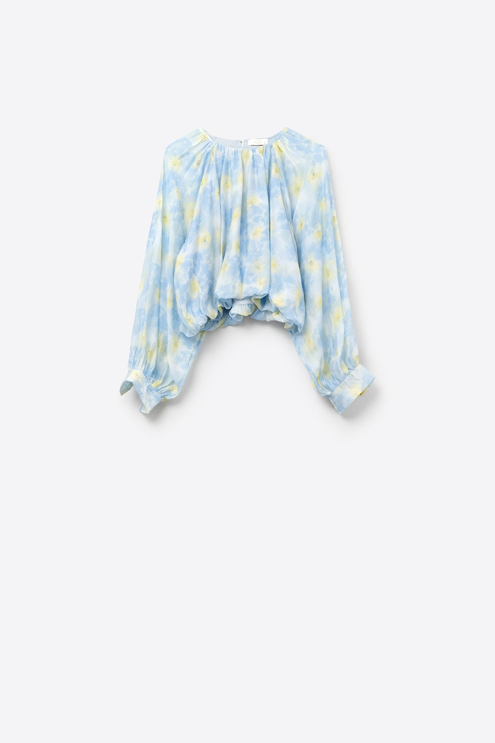 Q2 Blusa di chiffon stampato blu con maniche a palloncino