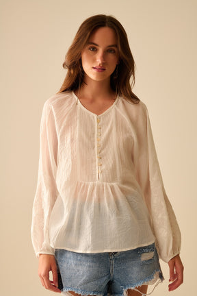 blusa in chiffon bianco con ricamo sulle maniche