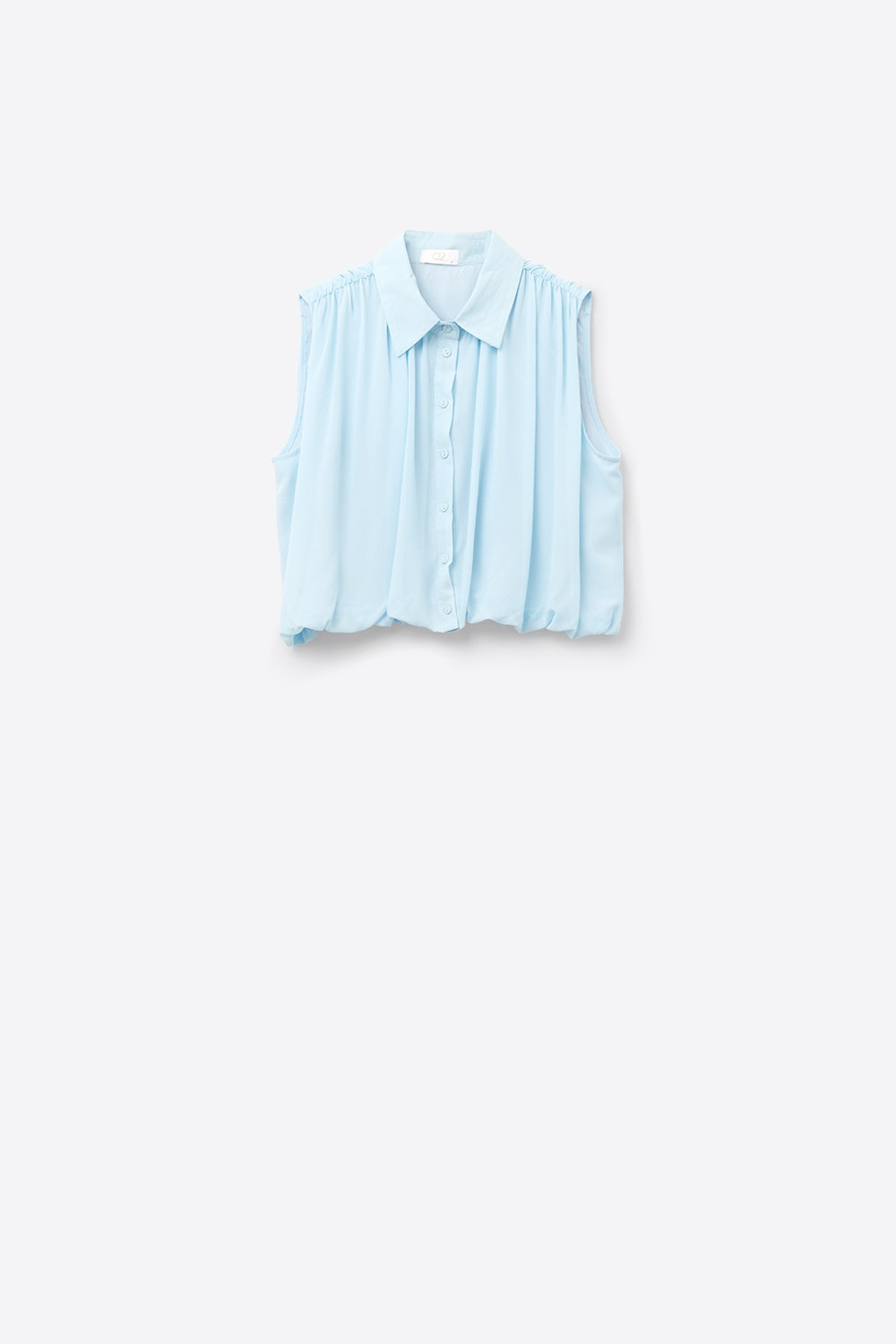 blusa in chiffon blu baby con pieghe sull'orlo