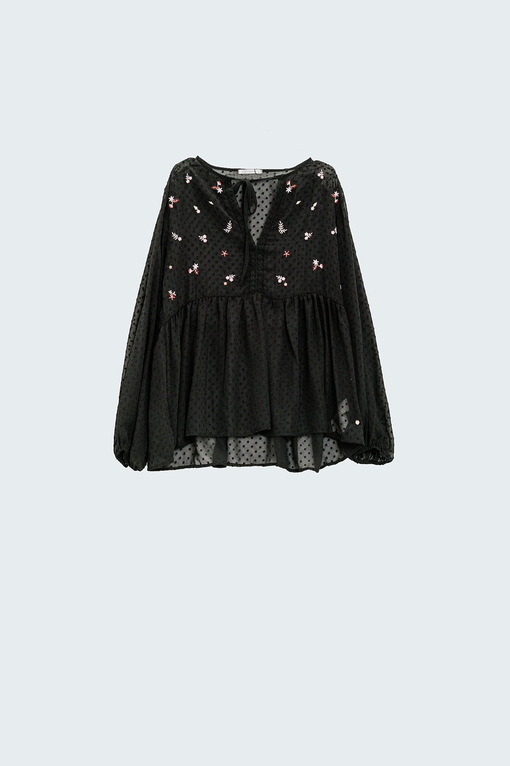 Q2 blusa in chiffon nero con ricamo floreale