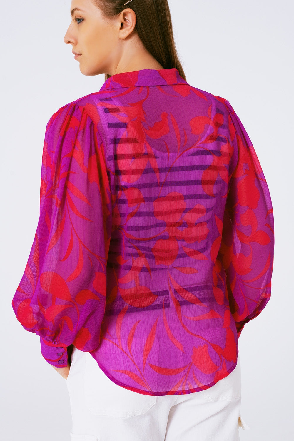 blusa in chiffon stampa floreale in fucsia