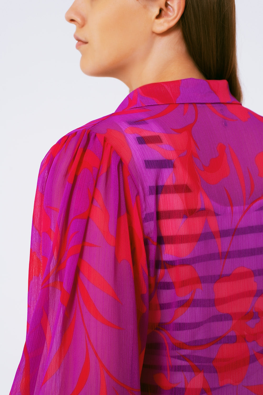 blusa in chiffon stampa floreale in fucsia