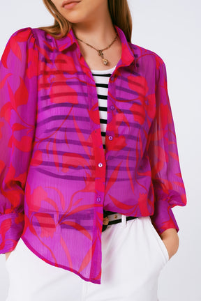 blusa in chiffon stampa floreale in fucsia