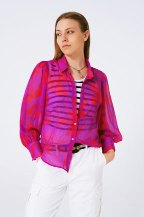 blusa in chiffon stampa floreale in fucsia