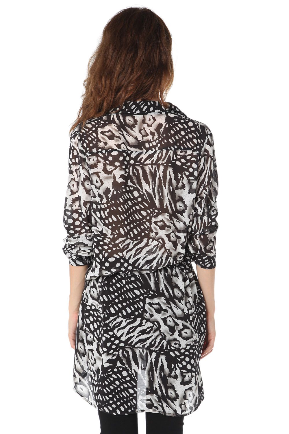 Blusa lunga in chiffon con stampa animalier