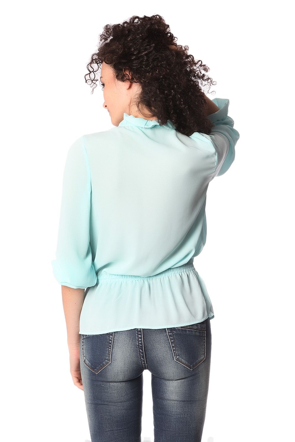 Blusa turchese con volant annodata al collo