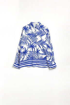 Blusa Rilassata con Motivo Tropicale in Blu e Bianco