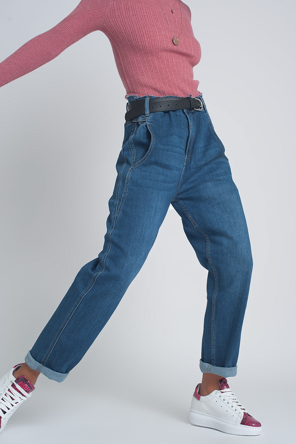 Q2 Boyfriend jeans a vita alta bombati azzurro blu