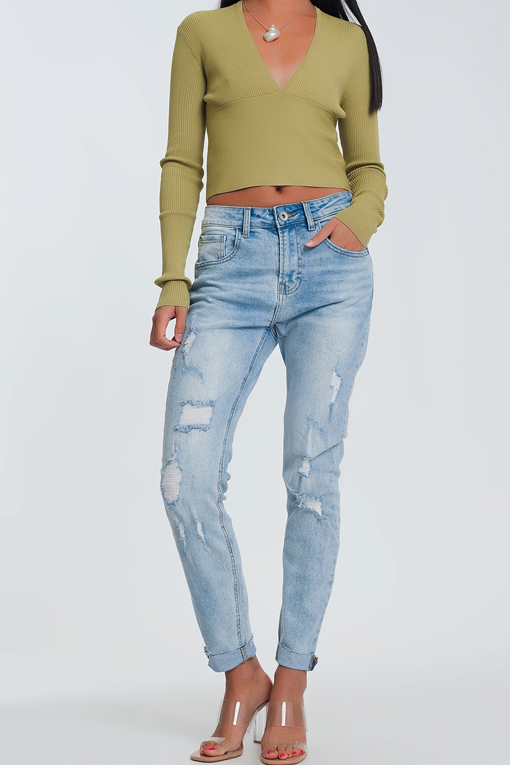 Q2 Boyfriend jeans azzurri con strappi