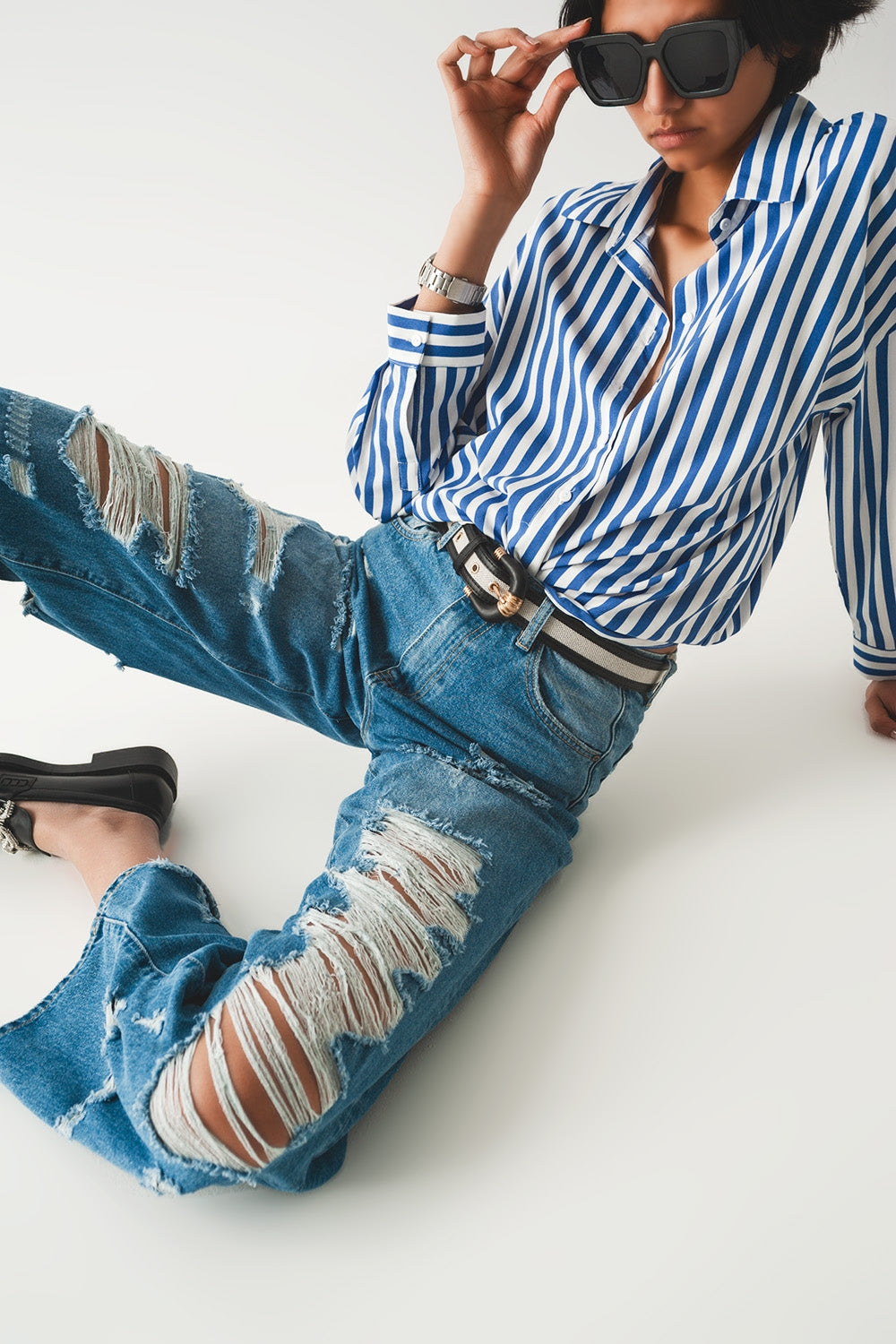 Q2 boyfriend jeans distrutti in blu