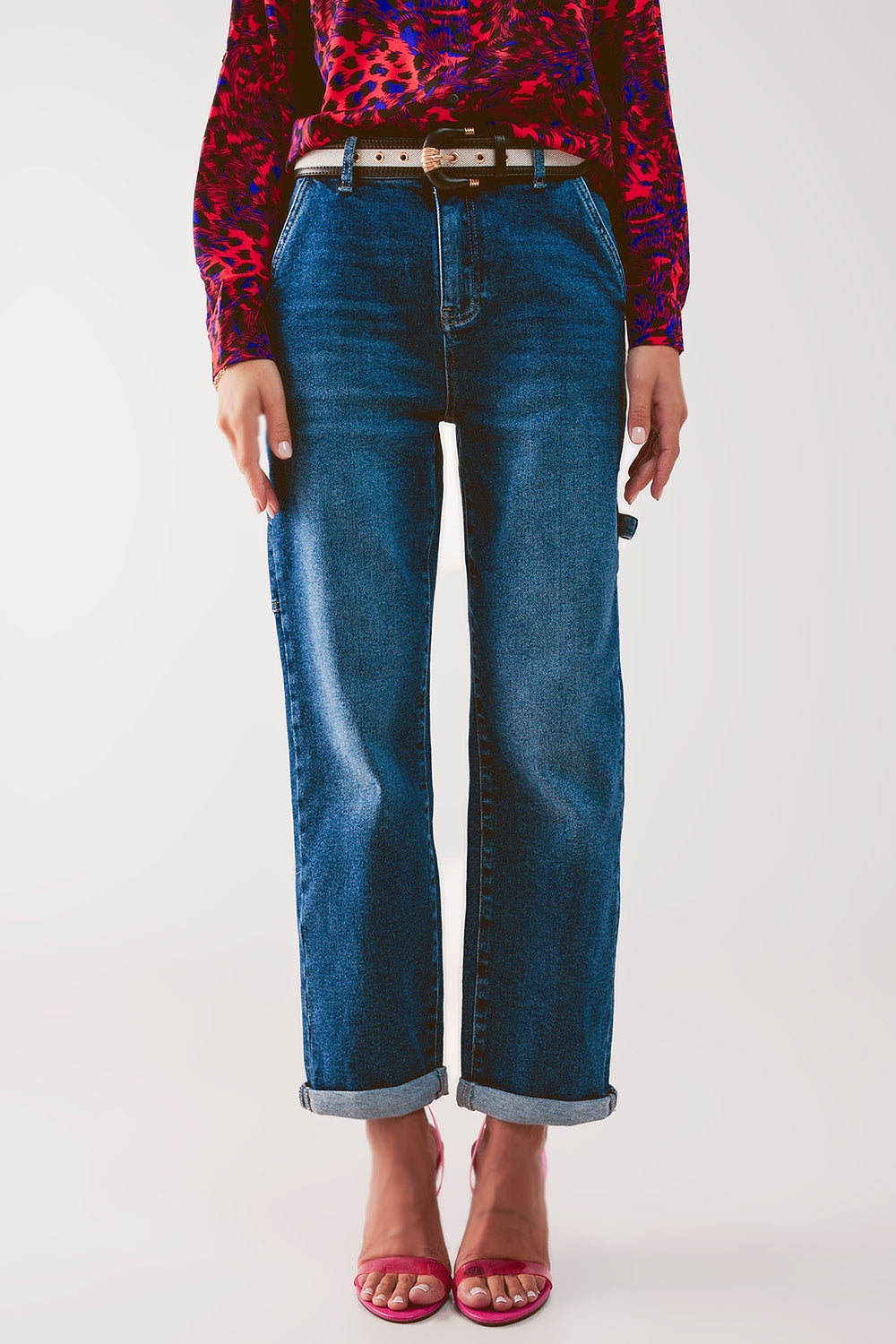 boyfriend jeans elasticizzati in cotone blu medio