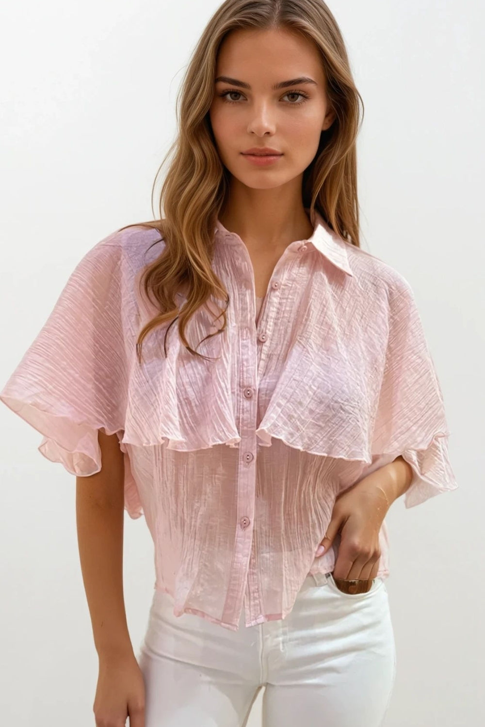 Q2 Camicetta rosa in chiffon testurizzato con maniche scese