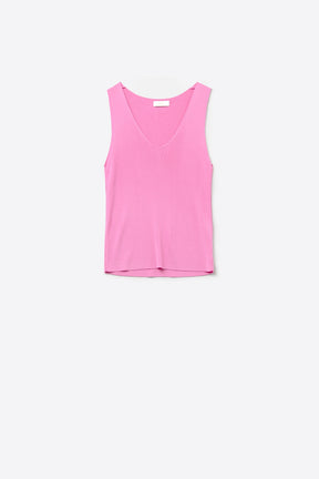 Q2 Camicetta smanicata color fucsia con scollo a V