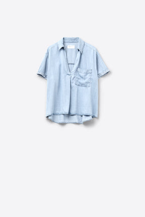 Camicia a maniche corte in Tencel con taschino sul petto in blu