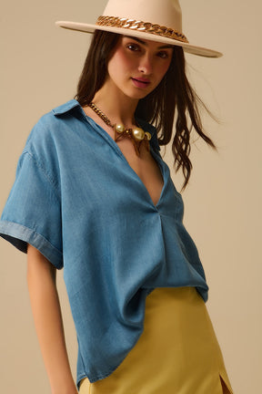Camicia a maniche corte in Tencel con taschino sul petto in blu