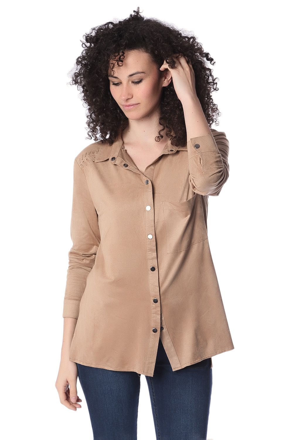 Q2 Camicia a maniche lunghe beige con allacciatura