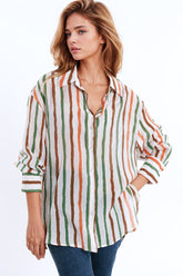 Q2 camicia a maniche lunghe in chiffon a righe multicolore verde e marrone