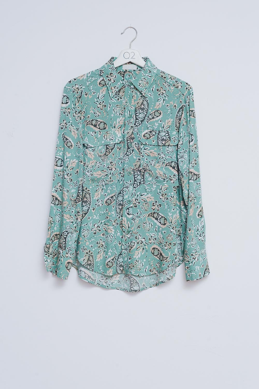 Q2 Camicia a maniche lunghe verde con stampa cachemire floreale mista