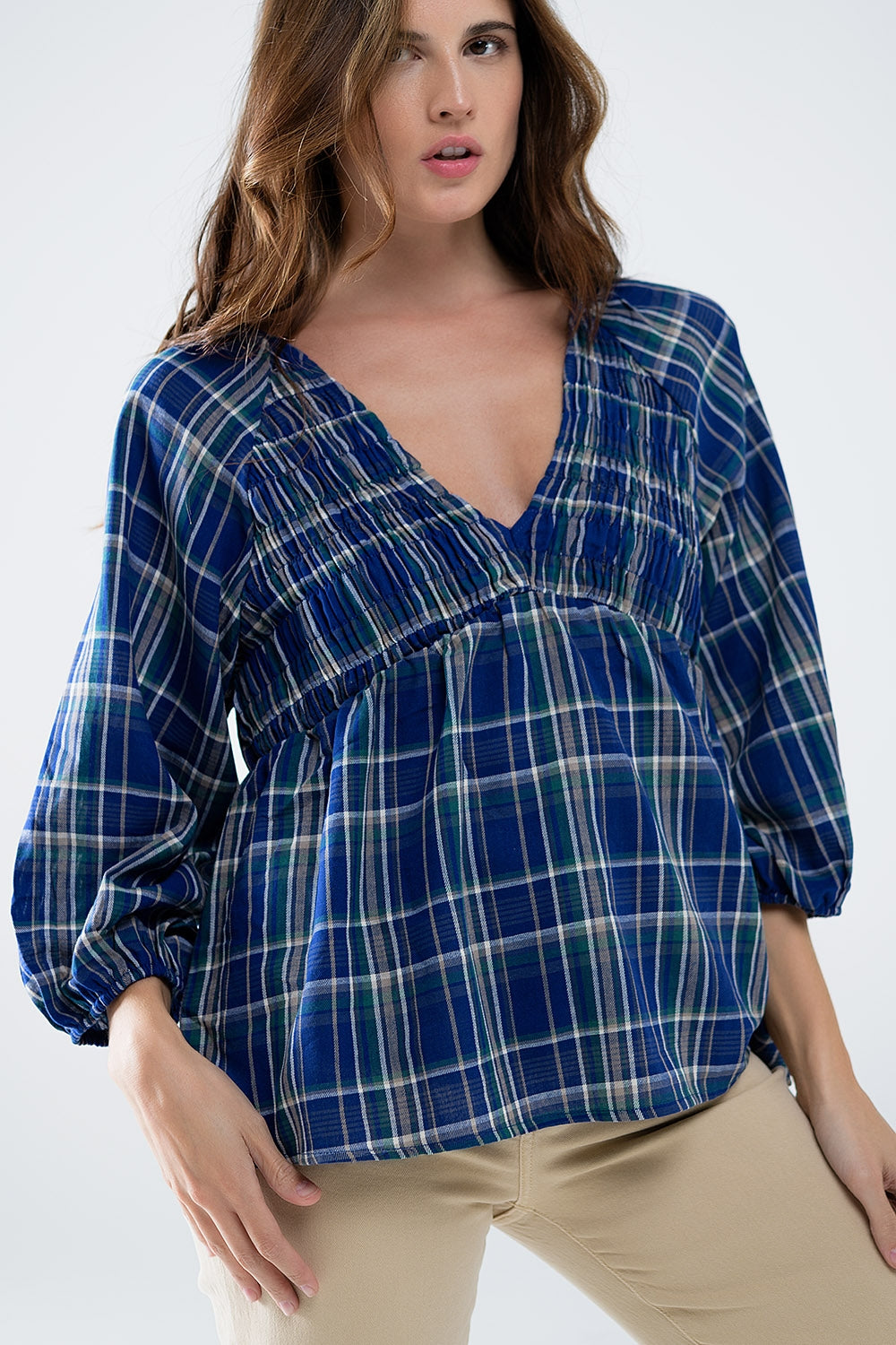 Q2 Camicia Babydoll a quadri in blu e verde