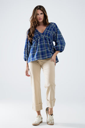 Camicia Babydoll a quadri in blu e verde