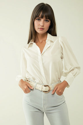 Q2 Camicia Basic poplin bianca con maniche lunghe a palloncino