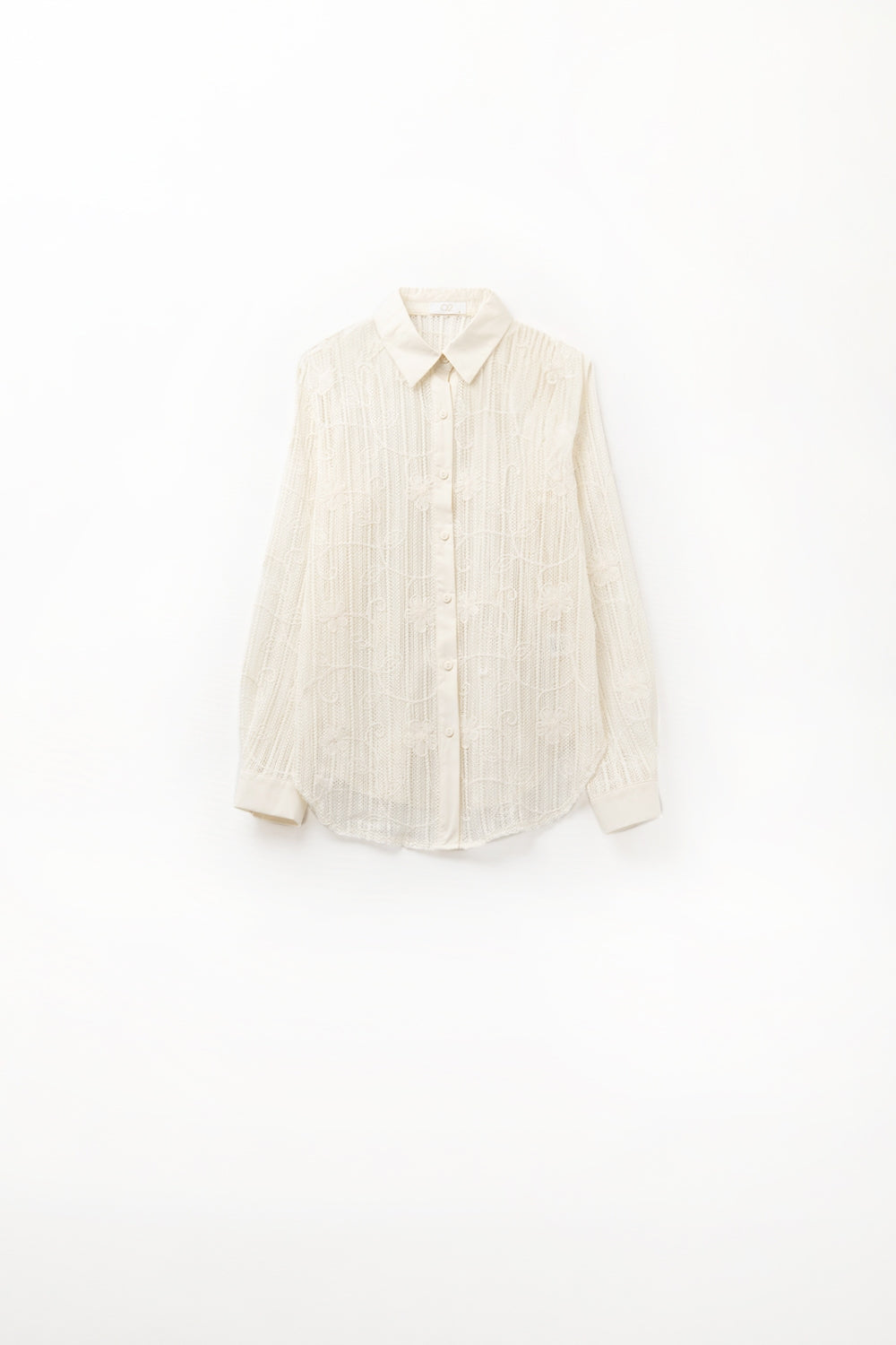 Q2 camicia beige all'uncinetto con dettagli ricamati