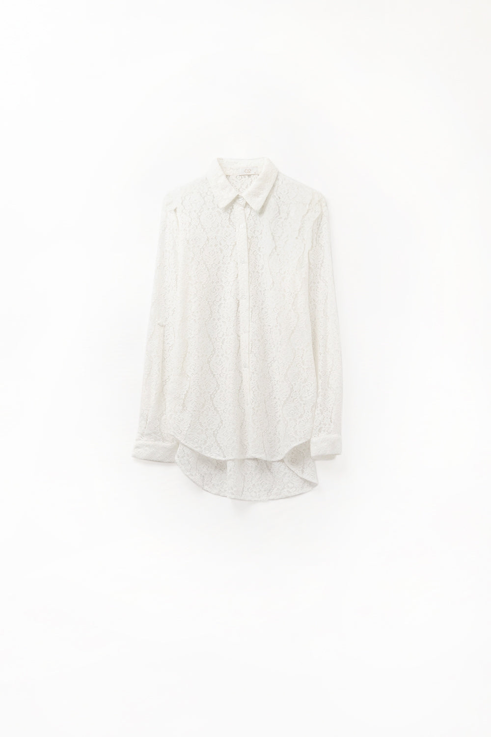 Camicia Bianca in Pizzo con Bottoni e Orlo Alto-Basso
