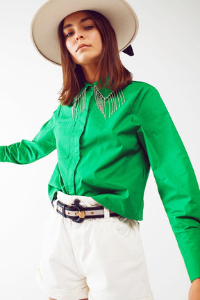 Camicia con collo di perline e strass in verde