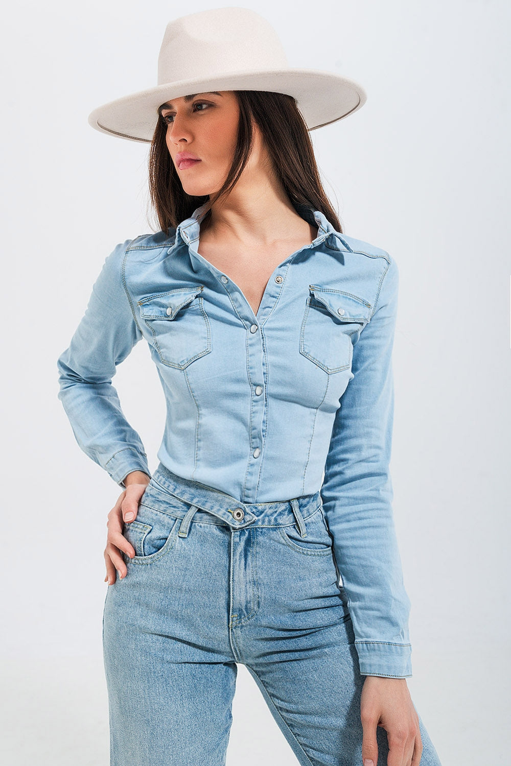 Camicia di jeans skinny lavaggio blu chiaro stile western