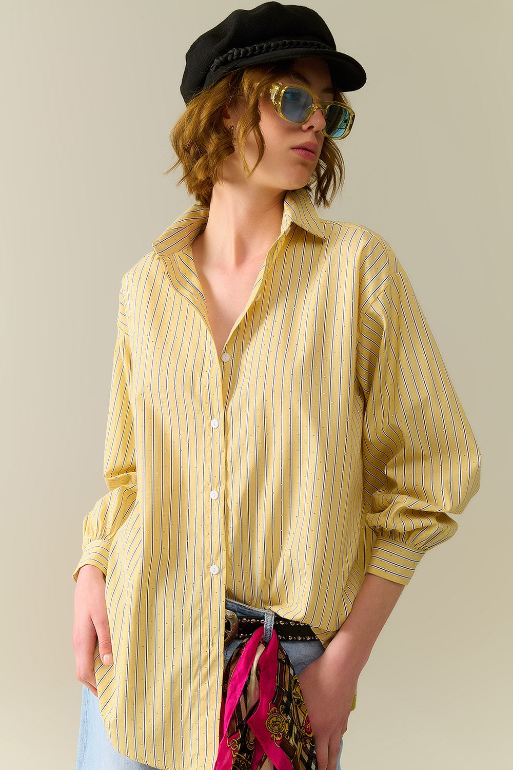 Q2 camicia di popeline a righe gialle impreziosita con strass