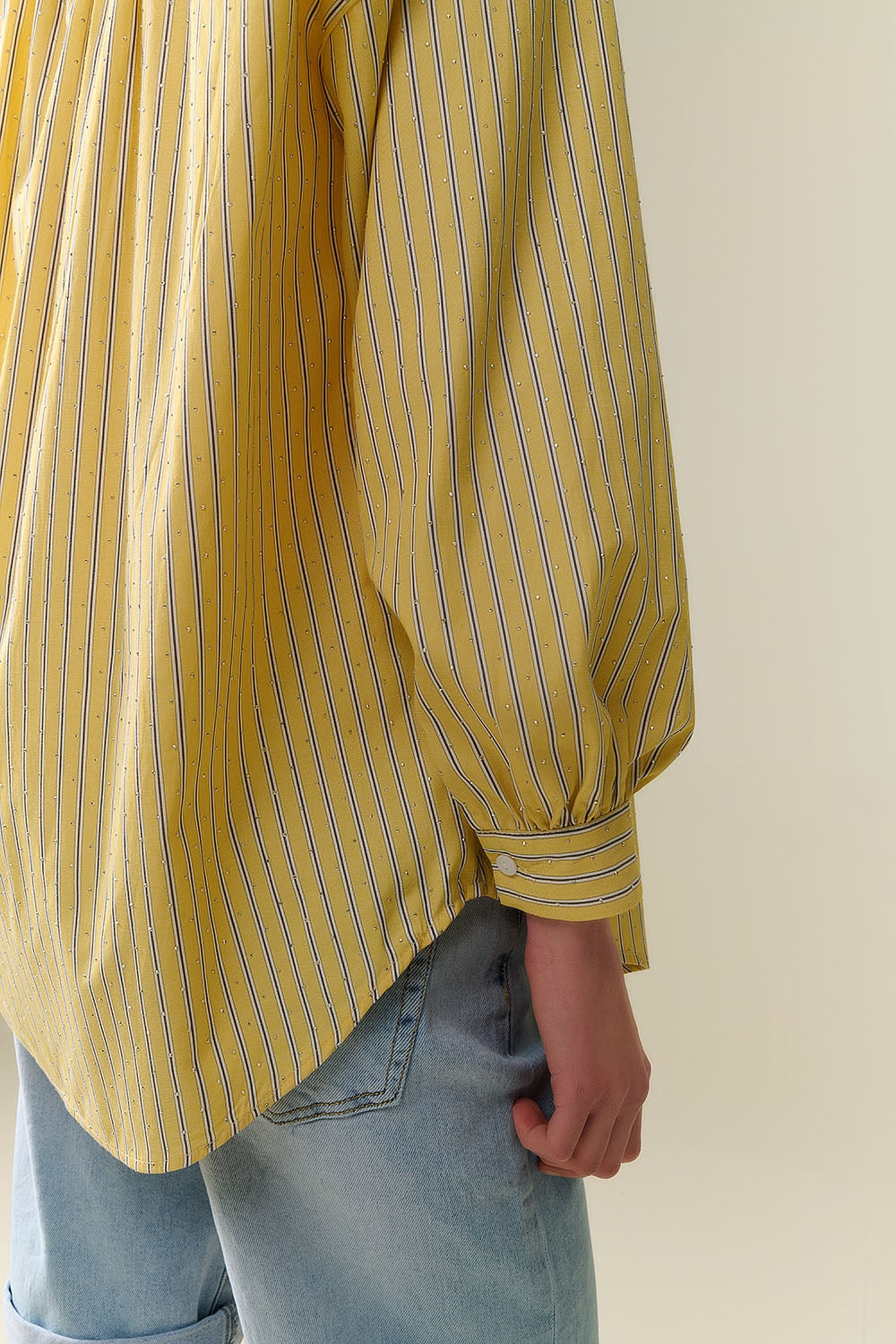 camicia di popeline a righe gialle impreziosita con strass