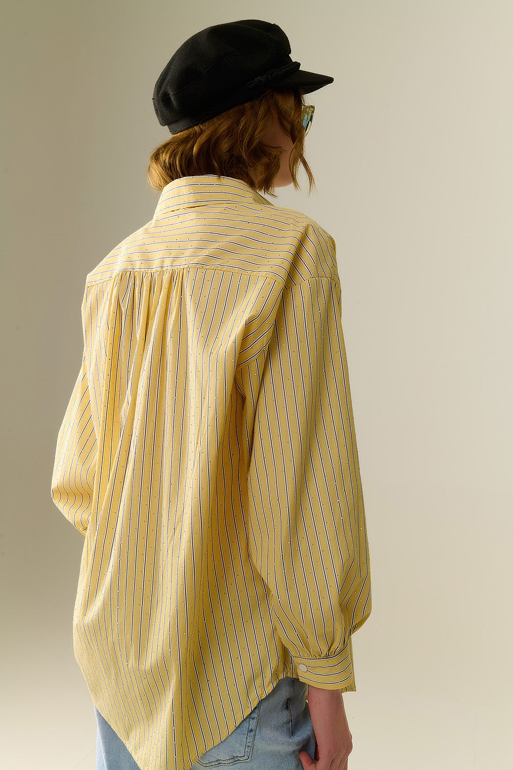 camicia di popeline a righe gialle impreziosita con strass