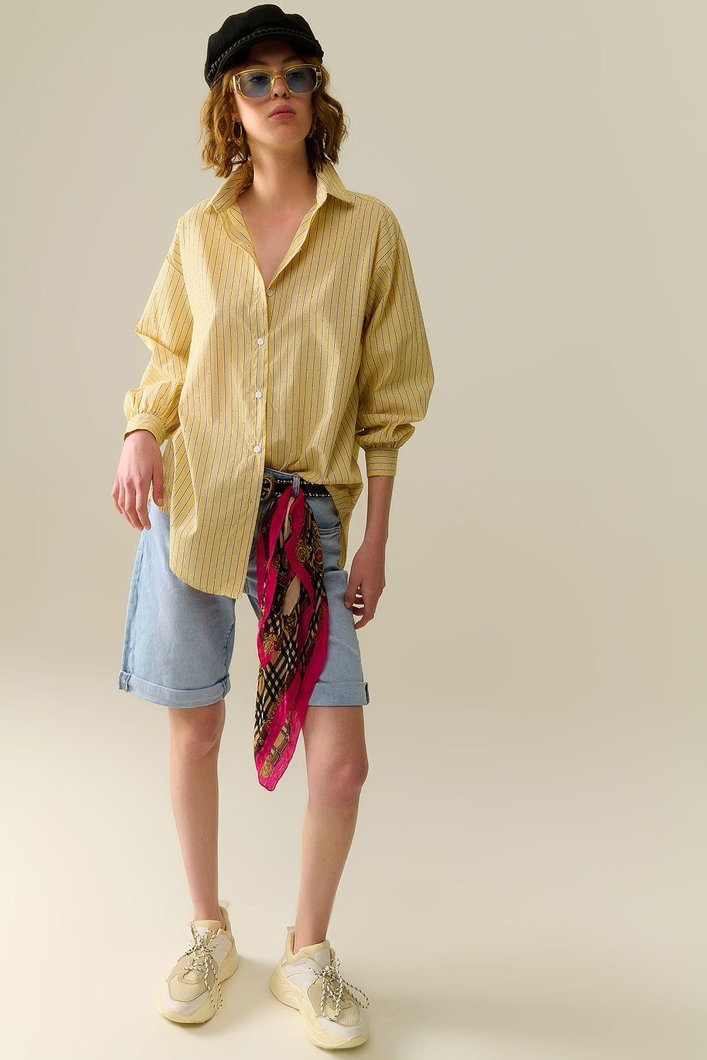 camicia di popeline a righe gialle impreziosita con strass