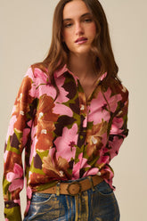 Q2 Camicia floreale tropicale in raso verde oliva