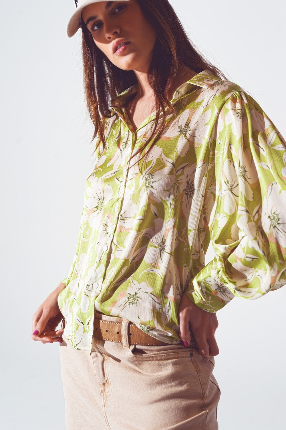 Camicia in chiffon con stampa floreale in verde