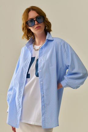 camicia in popeline a righe blu impreziosita da strass