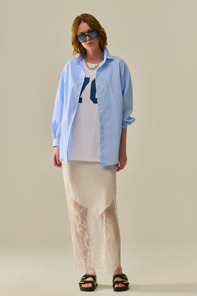 camicia in popeline a righe blu impreziosita da strass