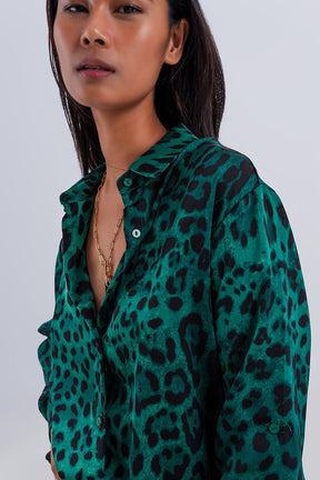 Camicia morbida a maniche lunghe con stampa animalier verde