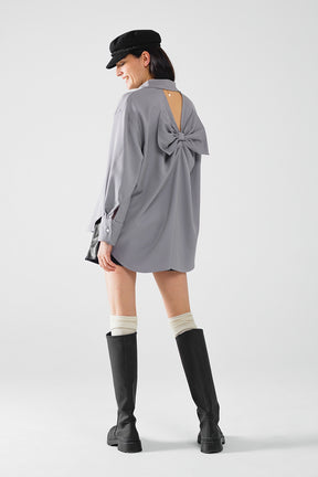 Camicia oversize in percalle con dettaglio a fiocco in bianco e nero